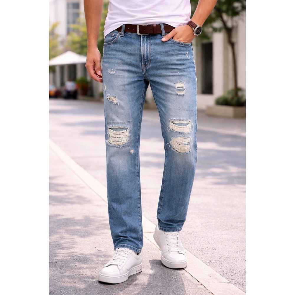 Polo Ralph Lauren Mens Distressed Patchwork Jeans Medium Wash Straight Leg 40x31